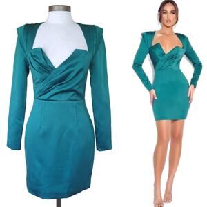 NEW MISS CIRCLE Faye Green Satin Mini Dress Size Small Long Sleeve Plunge Sexy